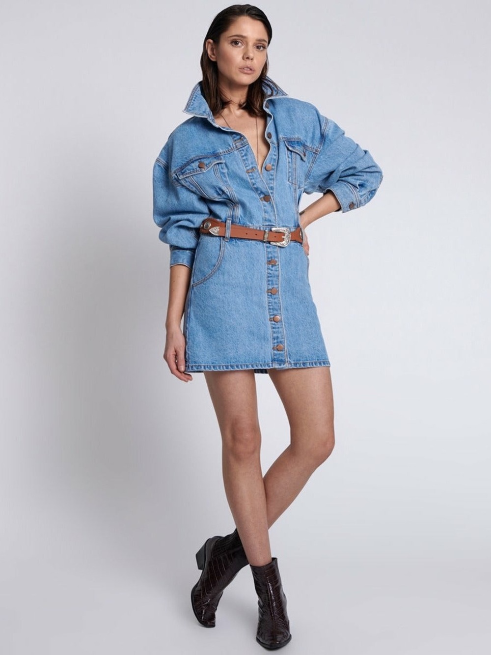One Teaspoon Light Blue Denim Button-Front Mini Dress with Tan Belt